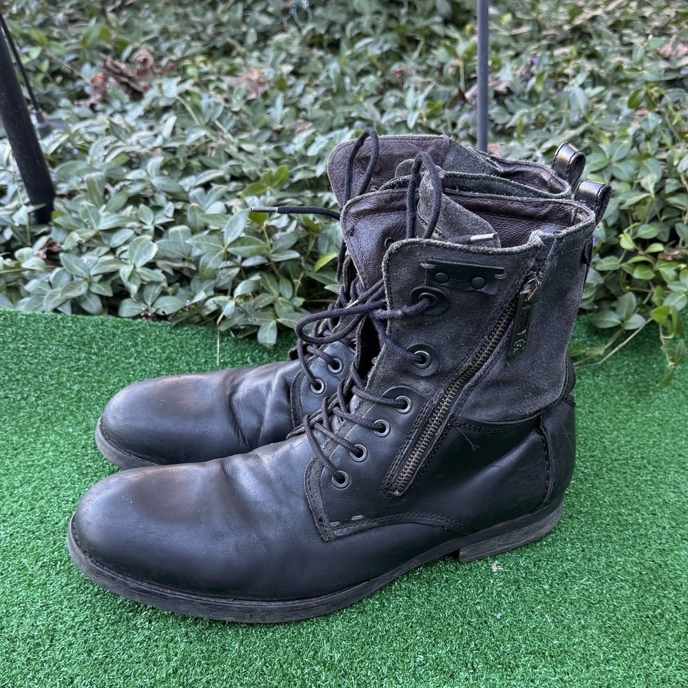 Rogue Men's Moto Leather Suede Boots Side Zip Lace Up Black Combat Biker 11.5